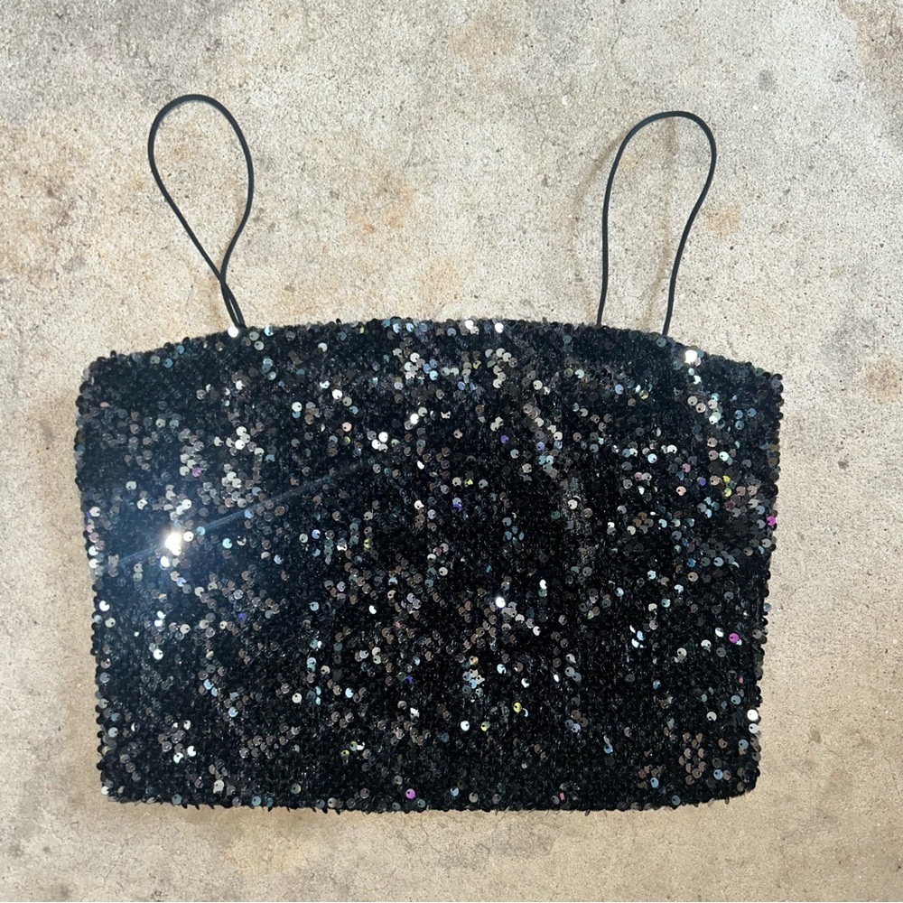 Garage Black Crop Sequin Camisole with Spaghetti Straps